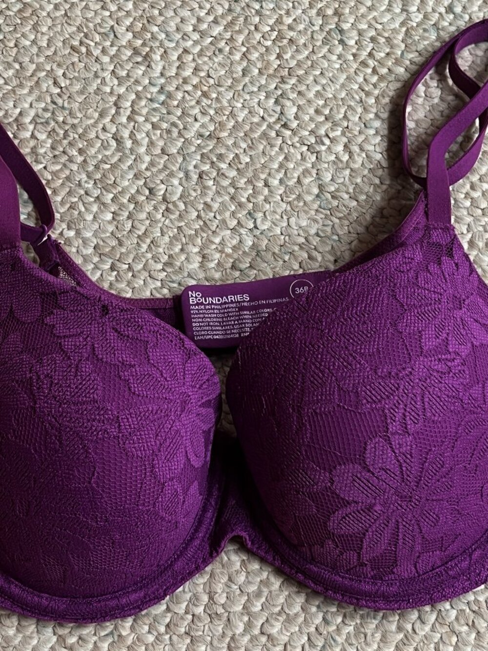 No Boundaries Size 36B Purple Floral Lace Padded Push Up Underwire Bra
